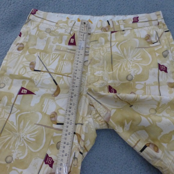Loudmouth Golf Shorts Mens 36 Tan Floral Golf Club Flag Novelty Print Stretch - Picture 7 of 10